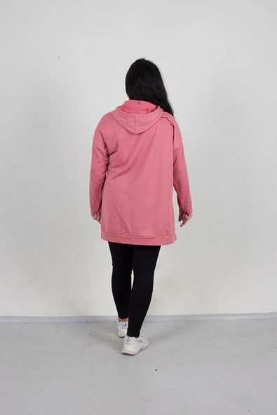Büyük Beden Taş Detaylı Kapşonlu Tunik Sweat Pembe - 4
