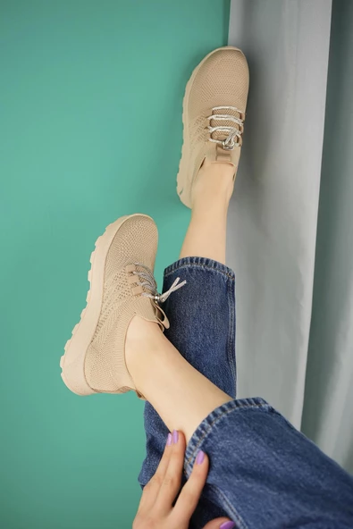 Kadın Bağcıklı Taşlı Triko Kadın Sneaker - 6