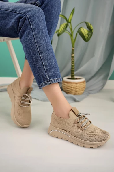 Kadın Bağcıklı Taşlı Triko Kadın Sneaker - 4