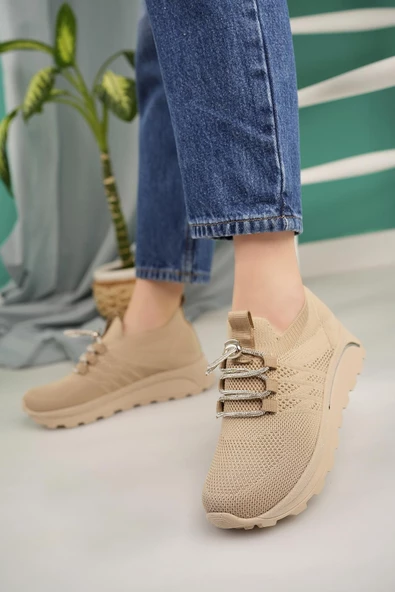 Kadın Bağcıklı Taşlı Triko Kadın Sneaker - 5