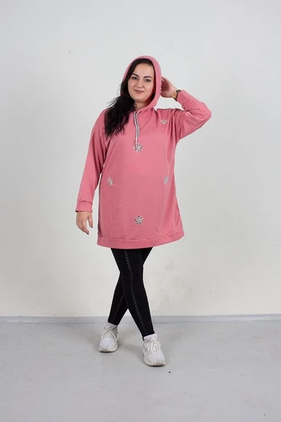 Büyük Beden Taş Detaylı Kapşonlu Tunik Sweat Pembe - 3