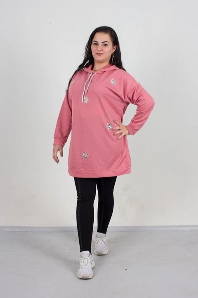 Büyük Beden Taş Detaylı Kapşonlu Tunik Sweat Pembe