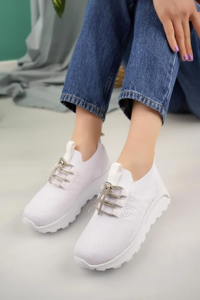 Kadın Bağcıklı Taşlı Triko Kadın Sneaker - 3