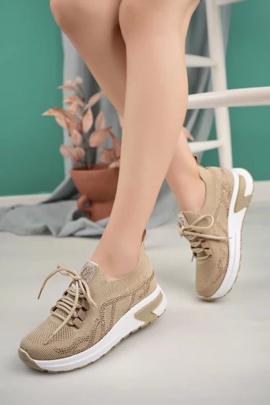 Kadın Ortopedik Taban Triko Taş Detaylı Sneaker Yürüyüş Ayakkabısı - 3