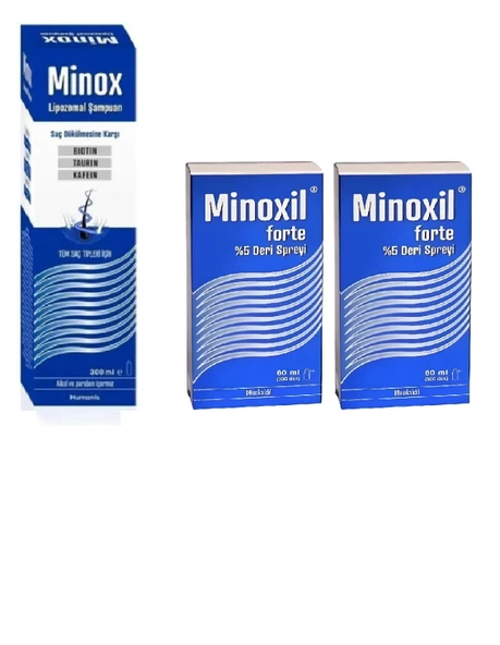 Minoxil Forte %5 Deri Spreyi, Çözelti 60 ml 2 kutu ve Minox Şampuan 300 ml