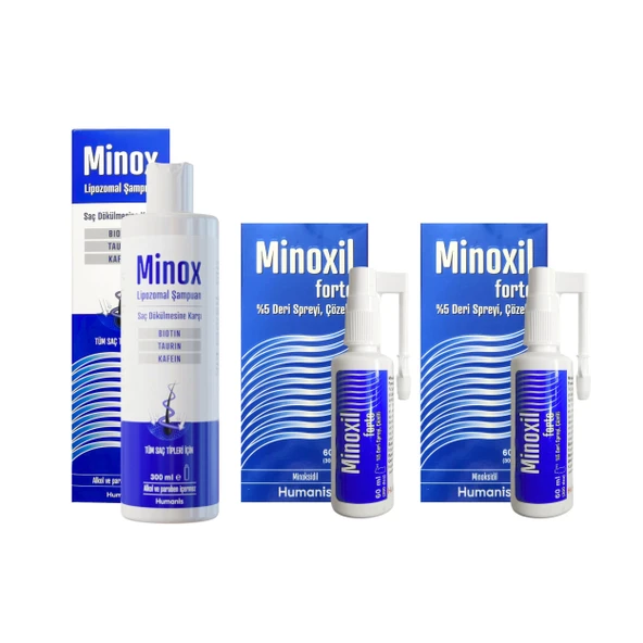Minoxil Forte %5 Deri Spreyi, Çözelti 60 ml 2 kutu ve Minox Şampuan 300 ml