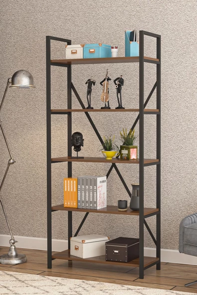 Wood House - Deniz Metal 5 Raflı Kitaplık-ceviz - 2