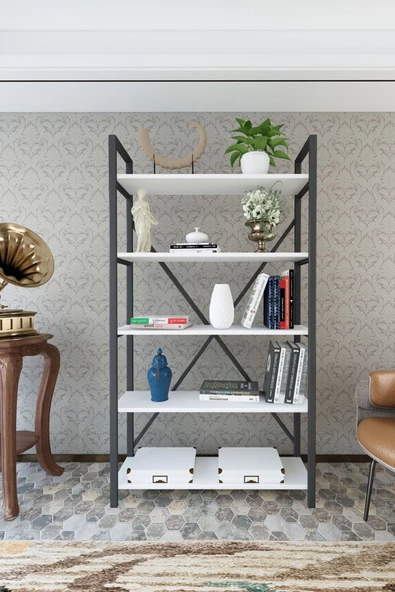 Wood House - Deniz Metal 5 Raflı Kitaplık-beyaz