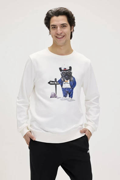 Bad Bear Panther Crewneck Off White Erkek Beyaz Bisiklet Yaka Sweatshirt - Resim 2