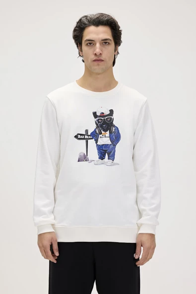 Bad Bear Panther Crewneck Off White Erkek Beyaz Bisiklet Yaka Sweatshirt ürün görseli 1