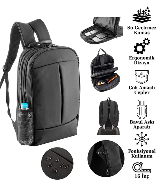 Notebook Laptop Dizüstü Bilgisayar Sırt Çantası 16" inç - 602 Siyah - 8