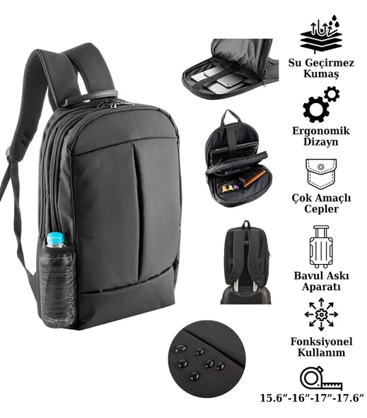 Notebook Laptop Dizüstü Bilgisayar Sırt Çantası 15.6"-16"-17"-17.6" inç - 602 Siyah - 2