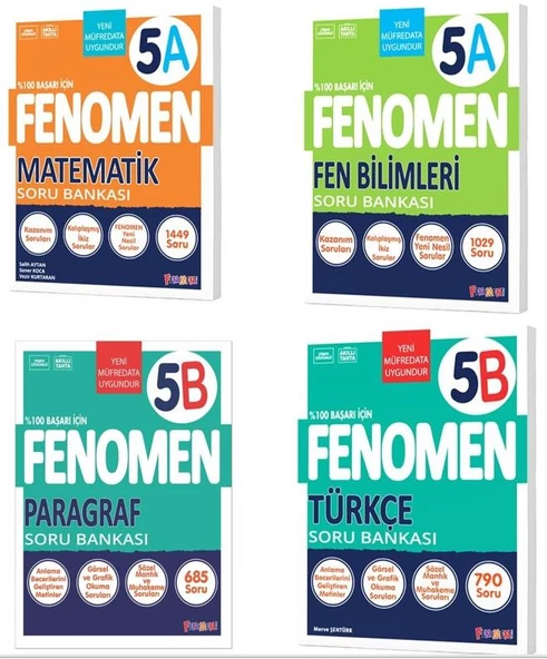 Fenomen 5. Sınıf Paragraf (B)+ Türkçe (B)+ Matematik (A) + Fen Bilimleri (A) Soru Bankası