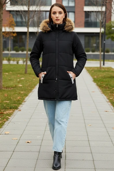 Kadın Yakası Suni Kürklü Tasarım Şişme Siyah Mont ürün görseli