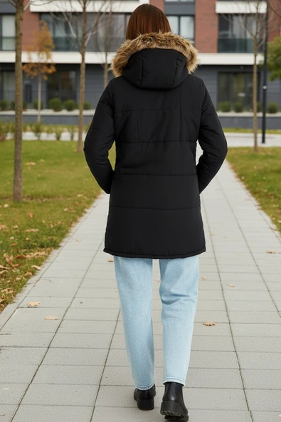 Kadın Yakası Suni Kürklü Tasarım Şişme Siyah Mont - Resim 3