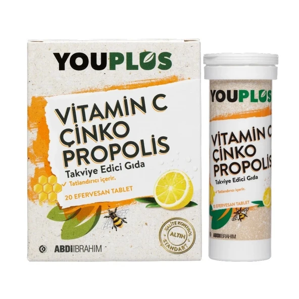 Youplus Vitamin C, Çinko, Propolis Efervesan Tablet Takviye Edici Gıda 20 Tablet