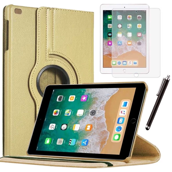 Apple iPad 5 Nesil / 6 Nesil Kılıf Ekran Koruyucu Ve Kalem Set Gold