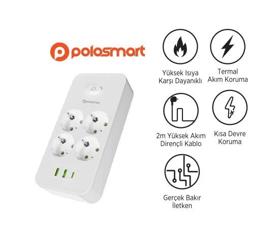 Polosmart Termal Akım Korumalı Uzatma Kablosu 2m Beyaz MP17