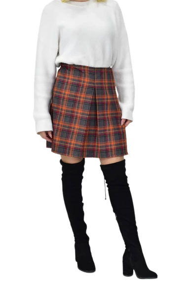 Kadın Ekose Kolej Şort Etek Turuncu Füme MNSO-38 - Resim 7