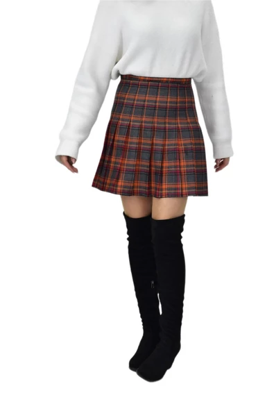 Kadın Ekose Kolej Etek Turuncu Füme KUYUCAK-28 - Resim 6