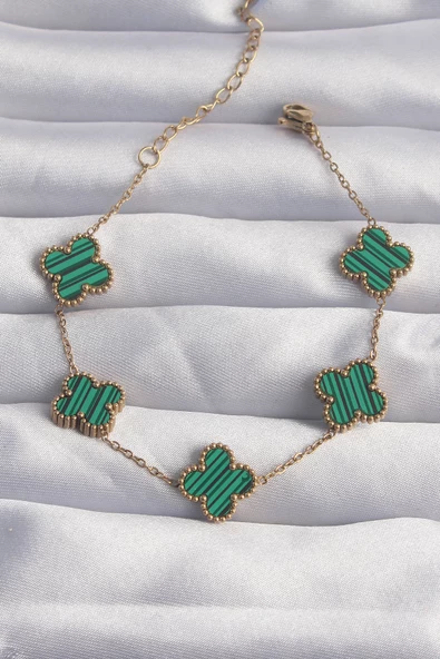 316L Çelik Gold Renk Çizgili Yeşil Mineli Yonca Bileklik - EBJ240822W26841 ürün görseli