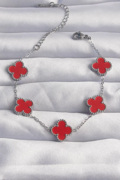 316L Çelik Gümüş Renk Kırmızı Mineli Yonca Bileklik - EBJ240822W26844 ürün görseli