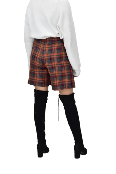 Kadın Ekose Kolej Şort Etek Turuncu Füme MNSO-38 - Resim 6