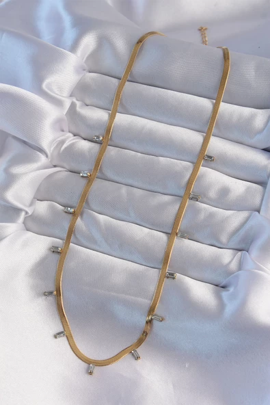 316L Çelik Gold Renk Baget Taşlı İtalyan Zincir Kolye - EBJ240822W26876 - Resim 2