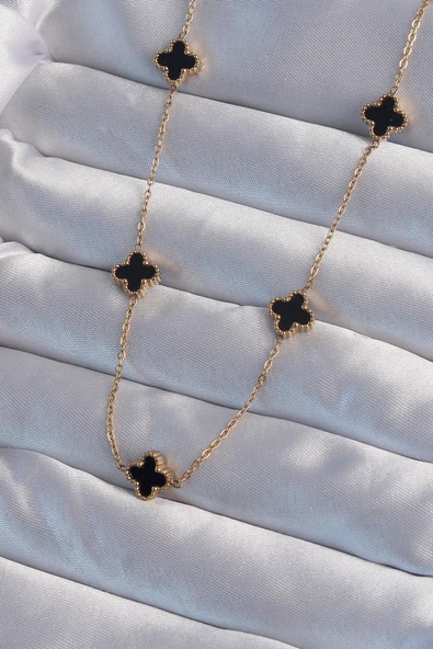 316L Çelik Gold Renk Minimal Siyah Mineli Yonca Kolye - EBJ240822W26886 ürün görseli