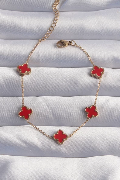 316L Çelik Baby Boy Gold Renk Kırmızı Mineli Yonca Bileklik - EBJ240822W26855 ürün görseli