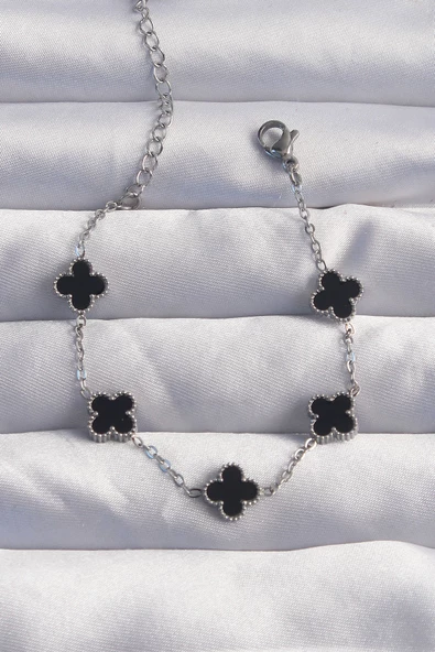 316L Çelik Baby Boy Gümüş Renk Siyah Mineli Yonca Bileklik - EBJ240822W26856 ürün görseli