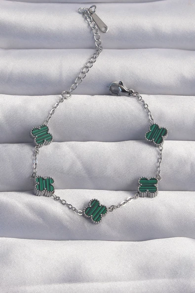 316L Çelik Baby Boy Gümüş Renk Çizgili Yeşil Mineli Yonca Bileklik - EBJ240822W26851 ürün görseli