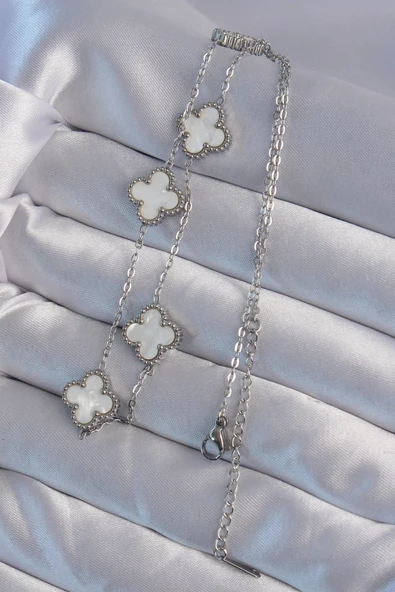 316L Çelik Gümüş Renk Beyaz Sedefli Yonca Kolye - EBJ240822W26877 - Resim 2