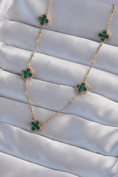 316L Çelik Gold Renk Minimal Yeşil Mineli Yonca Kolye - EBJ240822W26882 ürün görseli