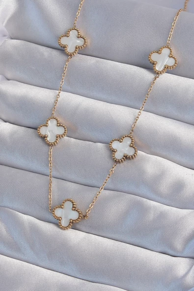 316L Çelik Gold Renk Beyaz Sedefli Yonca Kolye - EBJ240822W26878 ürün görseli