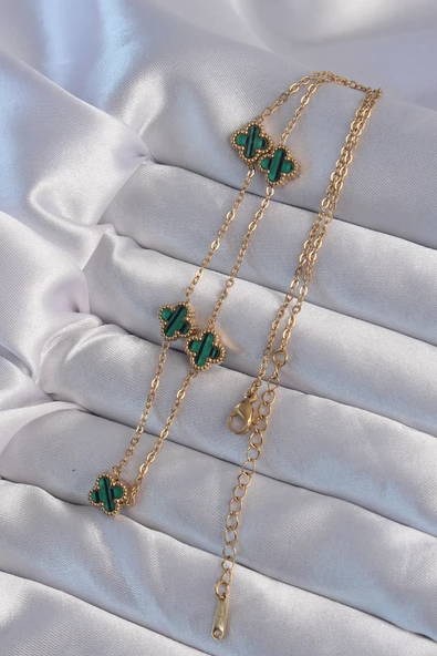 316L Çelik Gold Renk Minimal Yeşil Mineli Yonca Kolye - EBJ240822W26882 - Resim 2