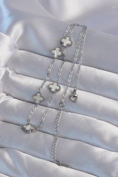 316L Çelik Gümüş Renk Minimal Beyaz Sedefli Yonca Kolye - EBJ240822W26883 - Resim 2