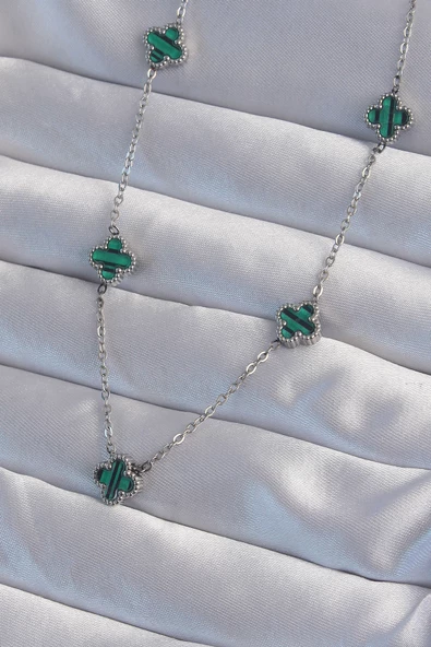 316L Çelik Gümüş Renk Minimal Yeşil Mineli Yonca Kolye - EBJ240822W26881 ürün görseli