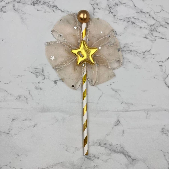 Pasta Üstü Çubuklu Tüllü Yıldız Süs Altın 23 cm - 2