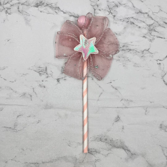 Pasta Üstü Çubuklu Tüllü Yıldız Süs Pembe 23 cm - 2