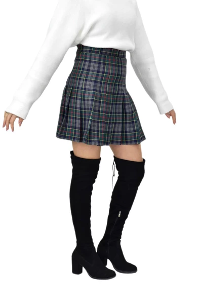 Kadın Ekose Kolej Etek Yeşil Füme KIZMESL-48 - Resim 6