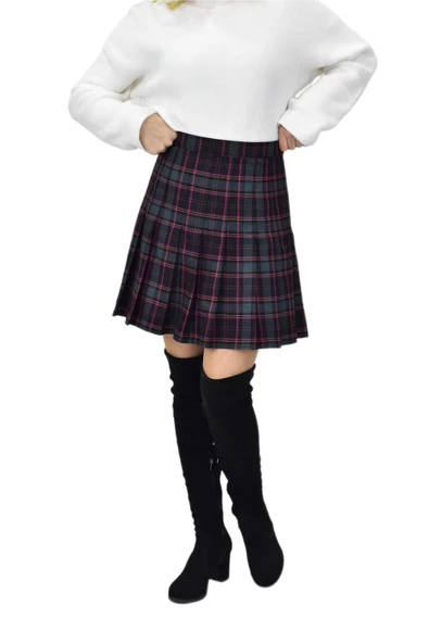 Kadın Ekose Kolej Etek Yeşil Fuşya OSMANMA-34 - Resim 5