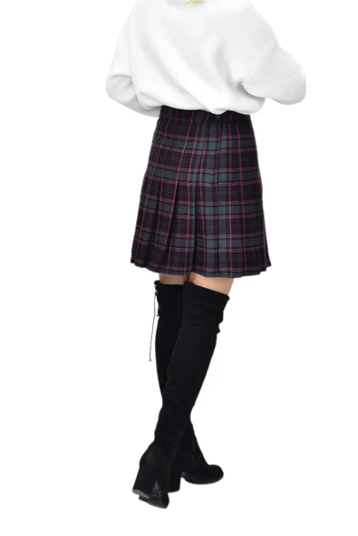 Kadın Ekose Kolej Etek Yeşil Fuşya OSMANMA-34 - Resim 6