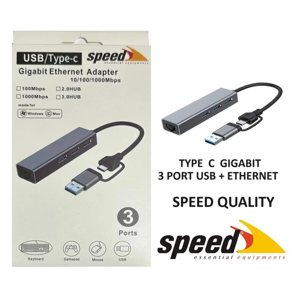 SPEED SP UET01 10/100/1000MBPS USB / TYPE-C 3 PORT USB 3.0 ÇOKLAYICI GIGABIT ETHERNET DÖNÜSTÜRÜCÜ