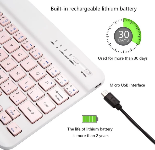 Hometech Alfa 8TX 8" Uyumlu Kablosuz Bluetooth Şarj Edilebilir Klavye - Pembe - 5