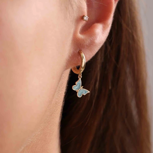 Kelebek Altın Küpe Mavi Sedef