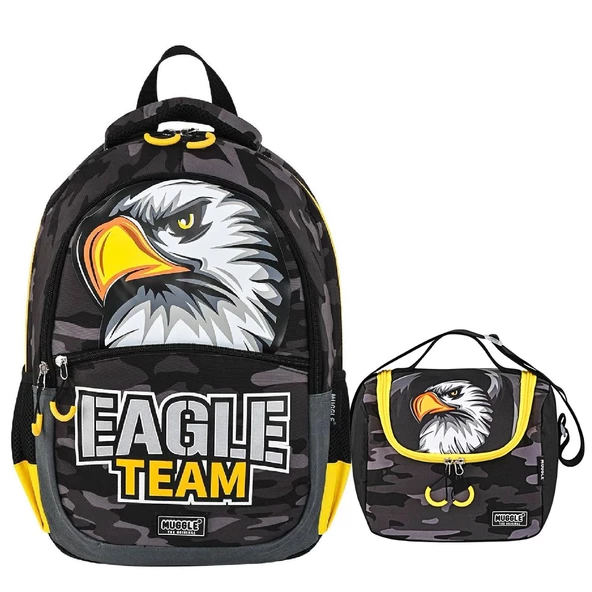 Muggle 3 Bölmeli Eagle Team Okul Sırt Çantası+ Beslenme Çantası