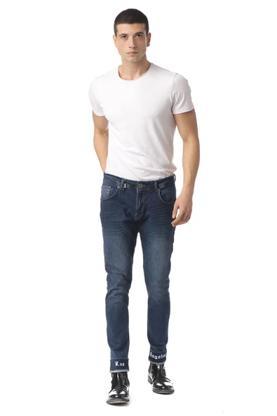 Erkek Slim Fit Paçası Yazı Detaylı Likralı Jean Kot Pantolon - 6