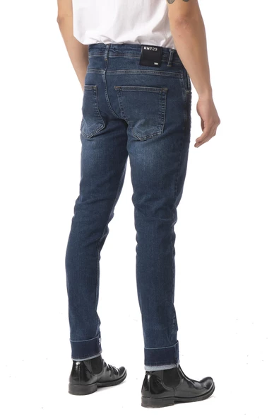 Erkek Slim Fit Paçası Yazı Detaylı Likralı Jean Kot Pantolon - 5