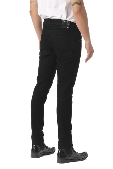 Erkek Slim Fit Paçası Yazı Detaylı Likralı Jean Kot Pantolon - 9